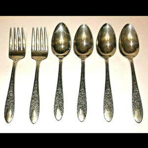 National Silver Co Silverware (6) Teaspoons Salad Forks Rose & Leaf Vintage 1937